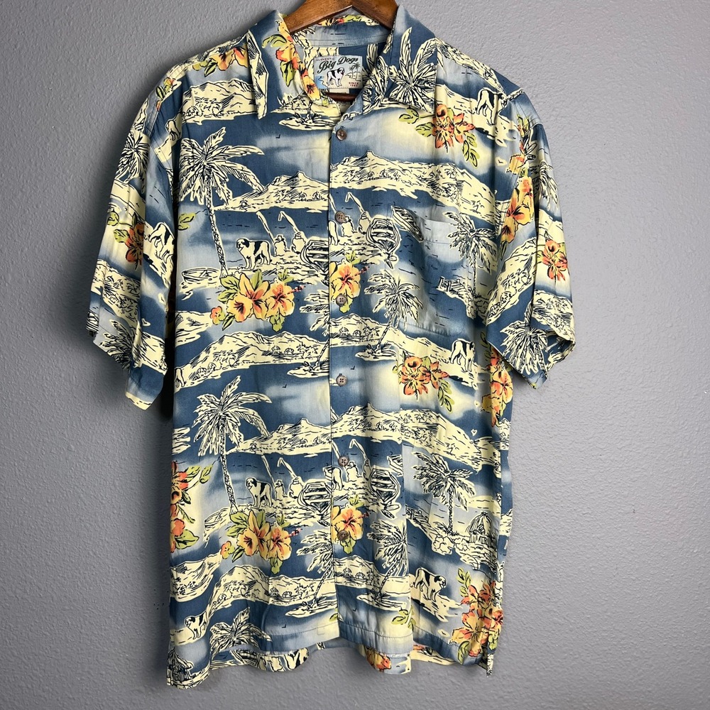 Big Dogs Hawaiian Aloha Shirt Tropical Dog Fishing‎ Camp Button Up Sh/SL Size M